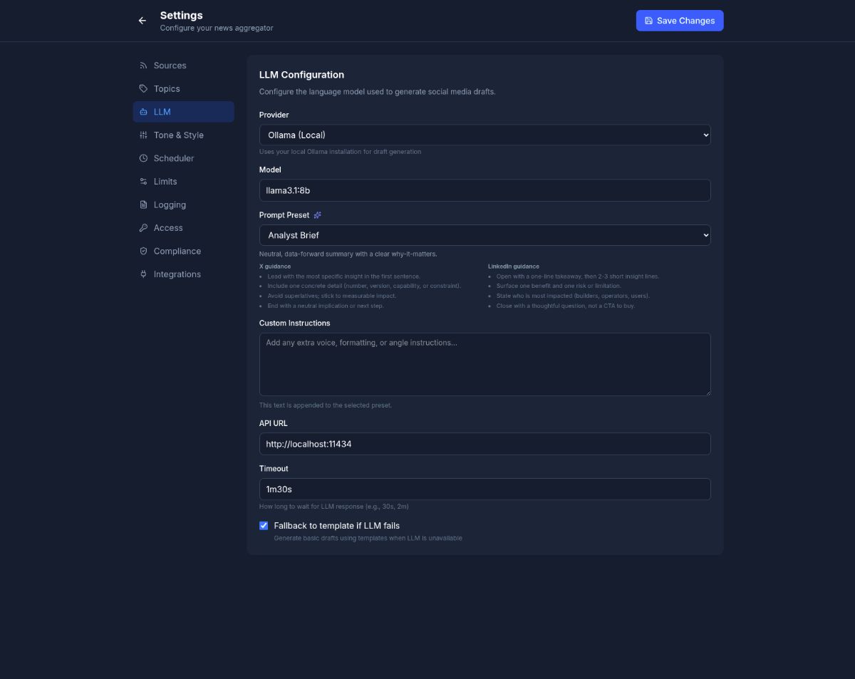 Settings · LLM configuration (Ollama local)