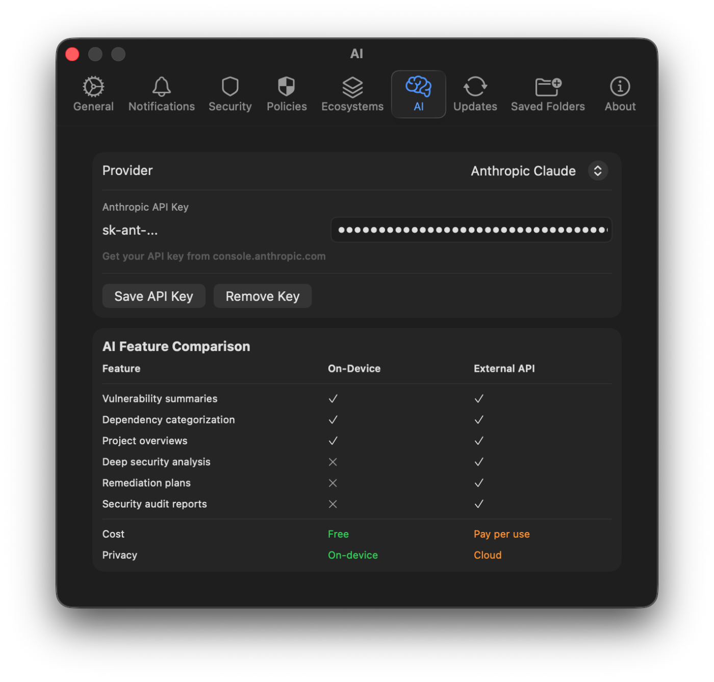 AI settings · provider + on-device vs. external comparison