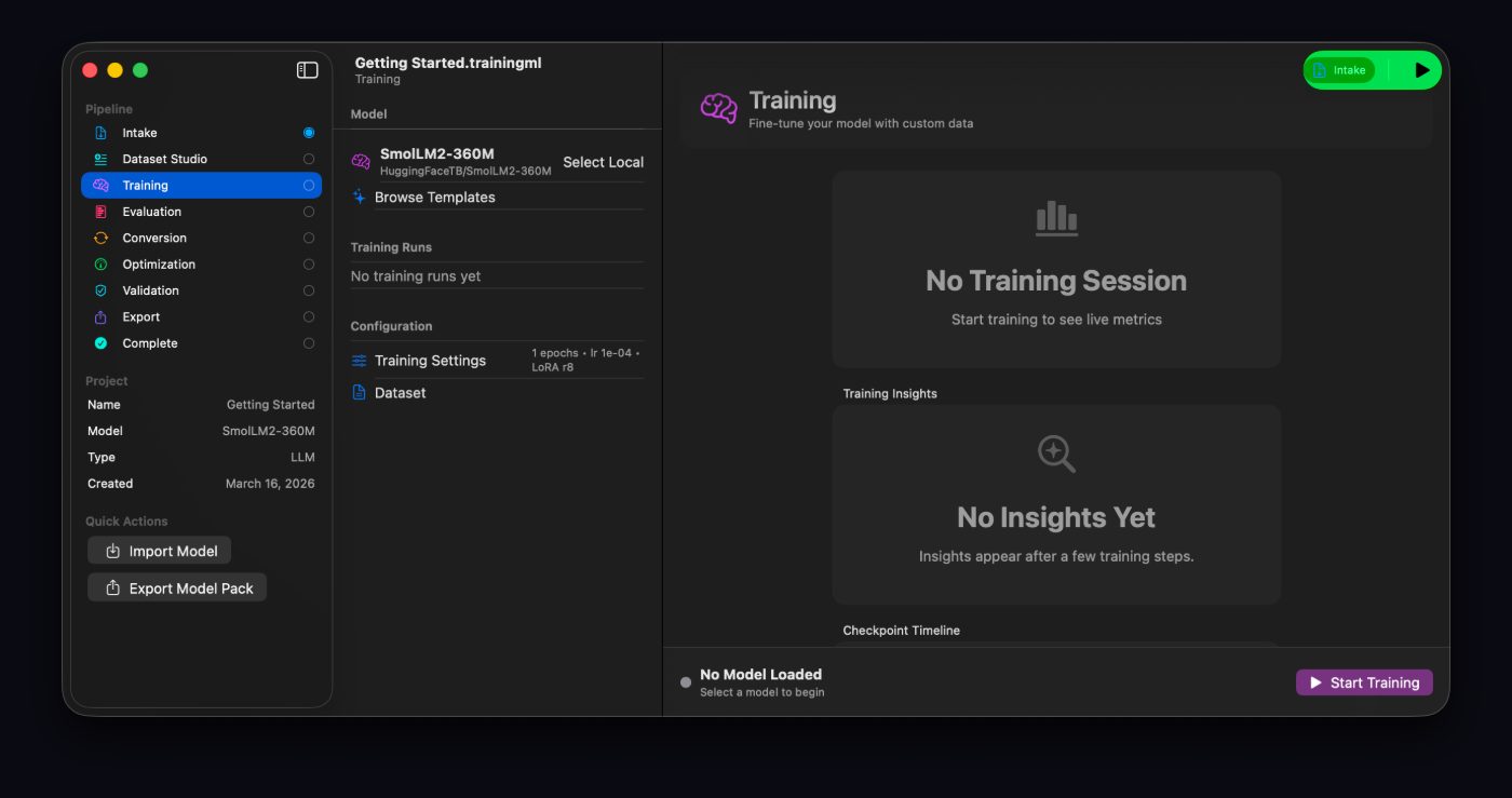 Training · live metrics + checkpoint timeline